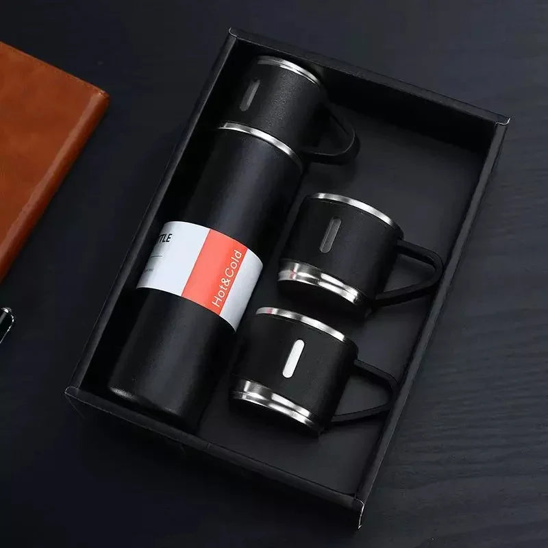 Premium Vacuum Flask Set – 500ml Stainless Steel Insulated Bottle with 3 Cups